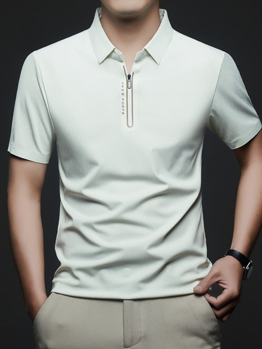 Spring/Summer Lapel Polo Shirt, Casual T-Shirt for Young and Middle-Aged, Outdoor Outings, Office Commuting, Outdoor Recreation, Urban Lapel Short-Sleeve Fashion Style, Casual Outing Top, Breathable Design, Solid Color, Casual Half-Sleeve - Beige