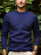 3pcs Men'S Round Neck Sweater Autumn Winter Knitwear Multi-Pc Solid Color Pullover Base Layer Sweater - Navy Blue + Black + Military Blue