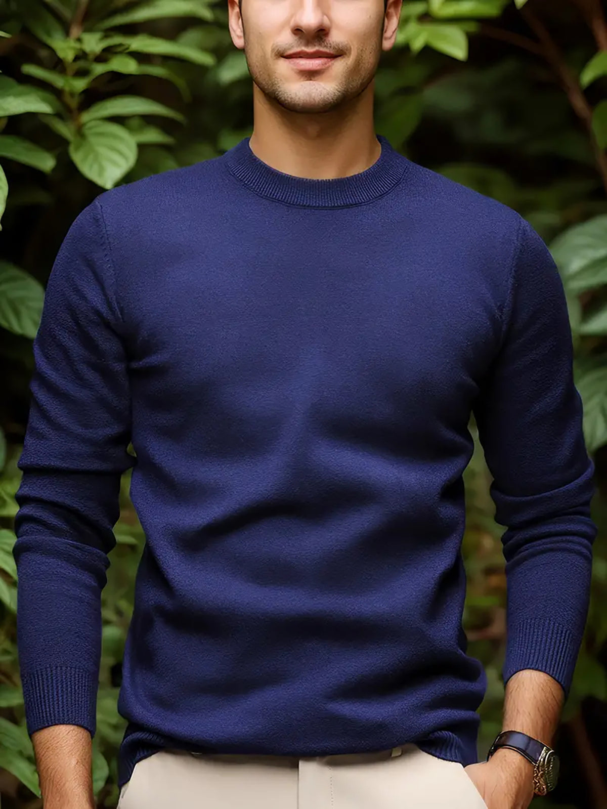 3pcs Men'S Round Neck Sweater Autumn Winter Knitwear Multi-Pc Solid Color Pullover Base Layer Sweater - Navy Blue + Black + Military Blue