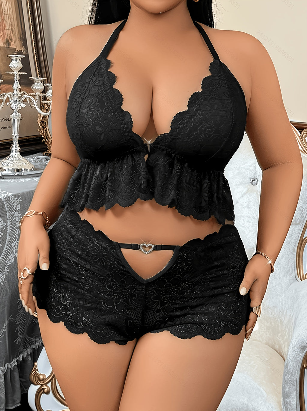 Plus Size Front-Button Lace Patchwork Backless 3-Ring Buckle Sexy Lingerie Heart-Shaped Hollow-Out Pants Set - Black