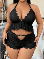 Plus Size Front-Button Lace Patchwork Backless 3-Ring Buckle Sexy Lingerie Heart-Shaped Hollow-Out Pants Set - Black
