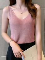 Women's Camisole Tank Top with Korean-Style Sexy Outerwear, Shiny V-Neck Bodycon Top - Pink