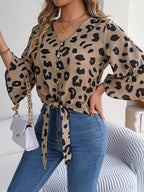 Spring and Summer Vacation Leopard Print Mid-Sleeve Tie-Bow Top - Khaki
