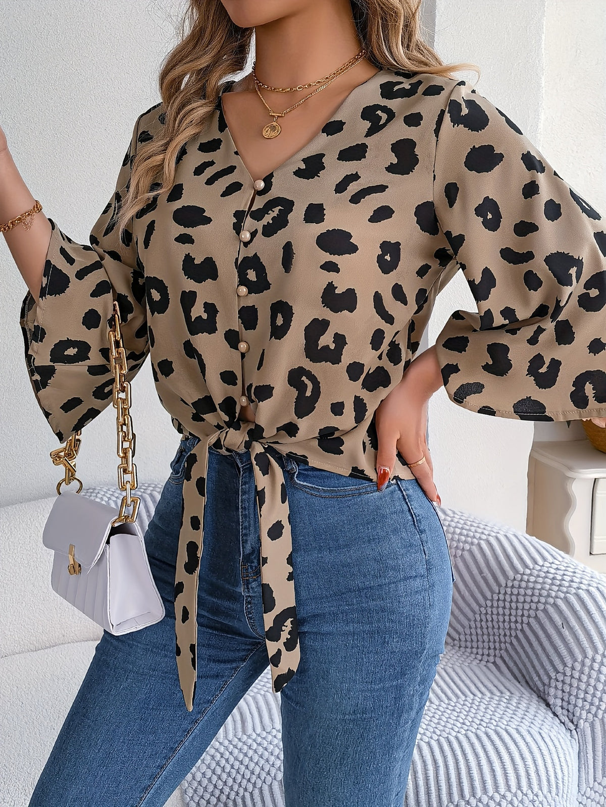Spring and Summer Vacation Leopard Print Mid-Sleeve Tie-Bow Top - Khaki