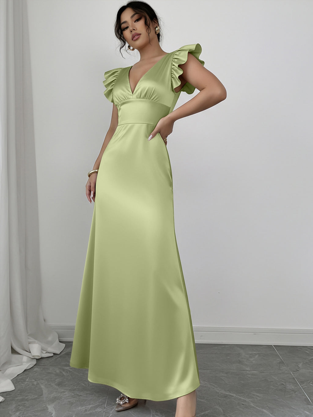 Ladies Elegant Solid Color V-Neck Ruffle Sleeve A-Line Satin Dress - Matcha Color