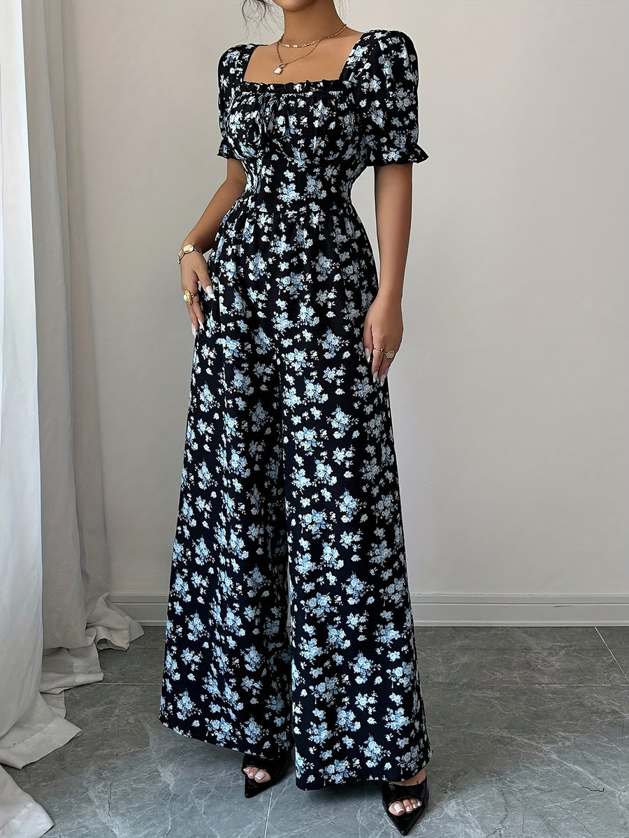 Women'S Elegant Vacation Style Waist-Cinching Printed Jumpsuit, Summer Jumpsuit, Wide-Leg Printed Jumpsuit, Long Length Printed Jumpsuit - Blue
