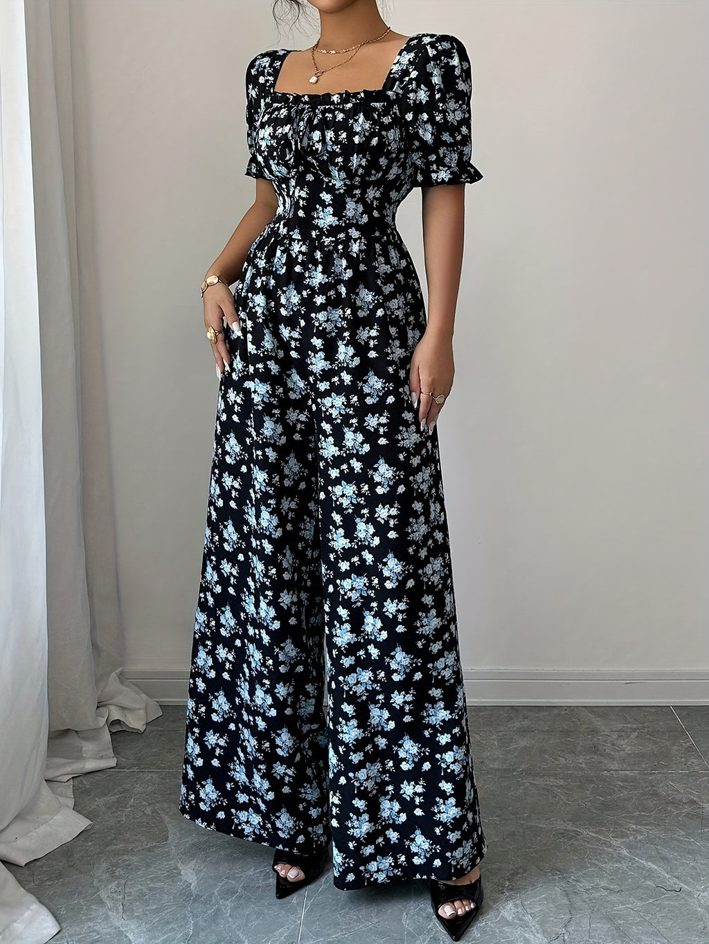 Women'S Elegant Vacation Style Waist-Cinching Printed Jumpsuit, Summer Jumpsuit, Wide-Leg Printed Jumpsuit, Long Length Printed Jumpsuit - Blue