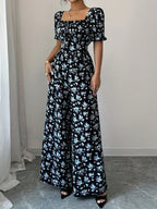 Women'S Elegant Vacation Style Waist-Cinching Printed Jumpsuit, Summer Jumpsuit, Wide-Leg Printed Jumpsuit, Long Length Printed Jumpsuit - Blue