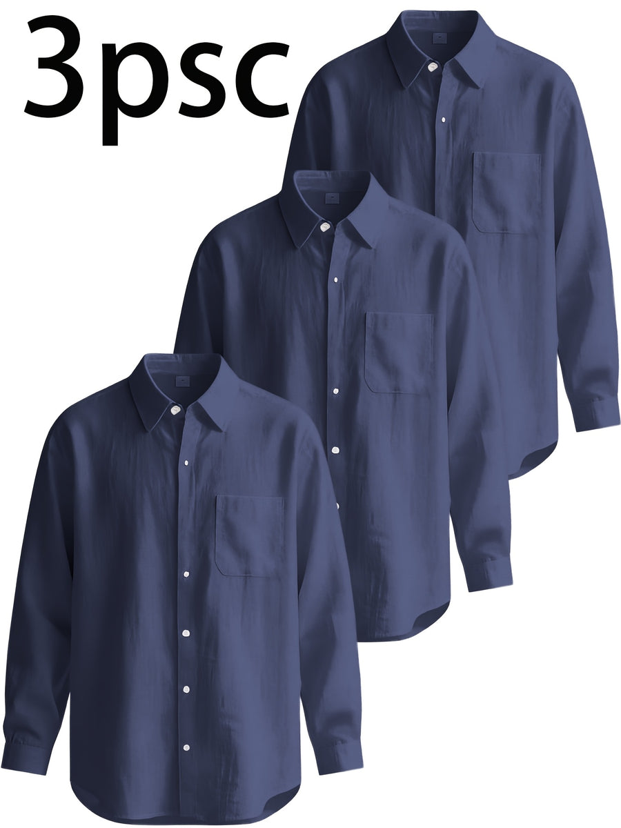 3pcs Men'S Casual Linen Shirts, Long Sleeve Button Tops with Chest Pocket, Lightweight Solid Color Shirts for Daily And Vacation - Navy Color