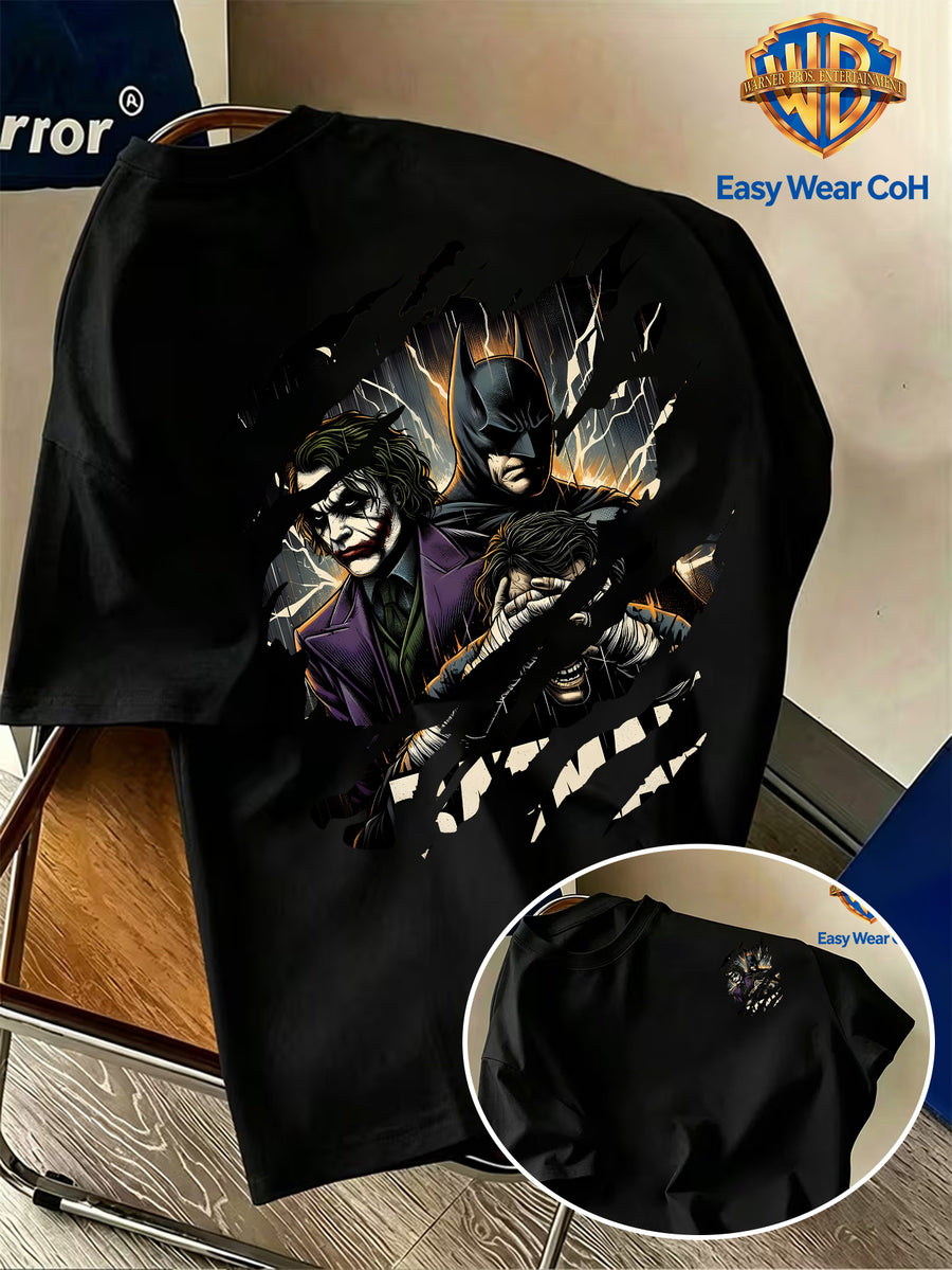 Warner Bros. Official New Men's Casual Crew Neck Short Sleeve T-Shirt, Front and Back Tear Effect Print with Batman Core Joker Villain Group Creative Graphic, American Dark Comic Style Men's Top, Unique and Hard to Match, Soft, Skin-Friendly - Black