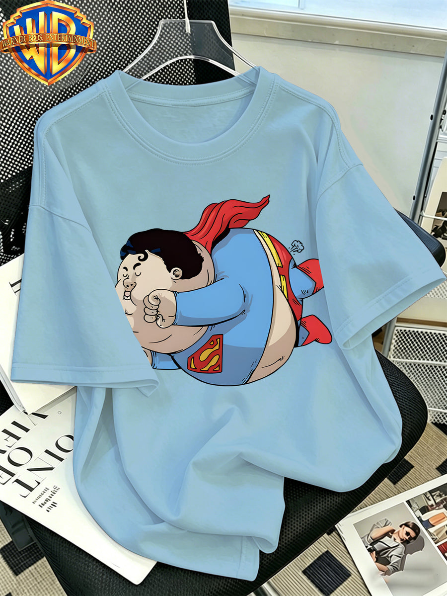 Warner Bros. Official Classic Chubby Superman Flying Print T-Shirt, Men'S 100% Casual Comfortable Multi-Functional Loose Summer Short Sleeve T-Shirt, Suitable for Outdoor Wear - Light Blue