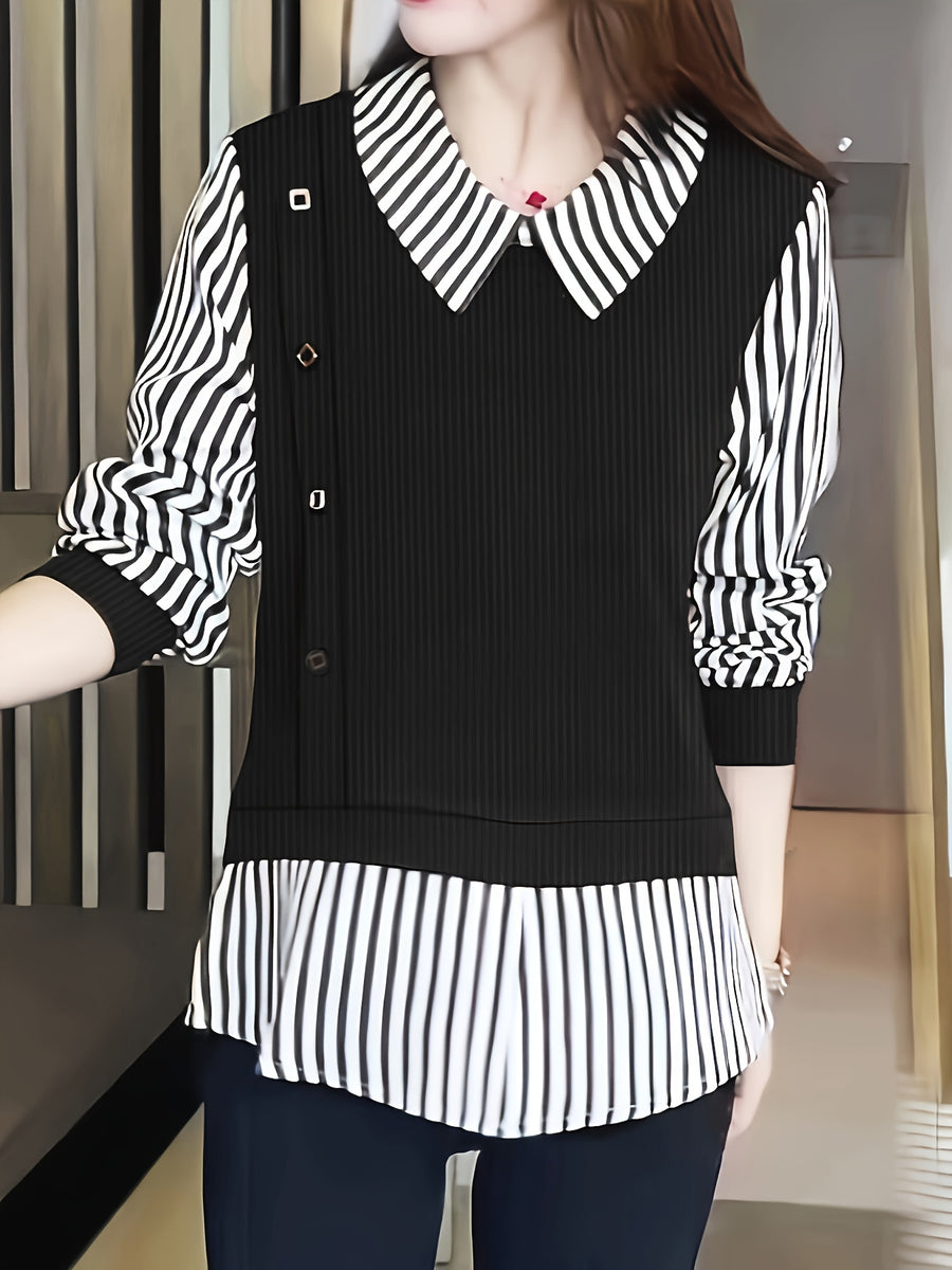 Spring And Autumn Fashion Patchwork Shirt for Women - Black