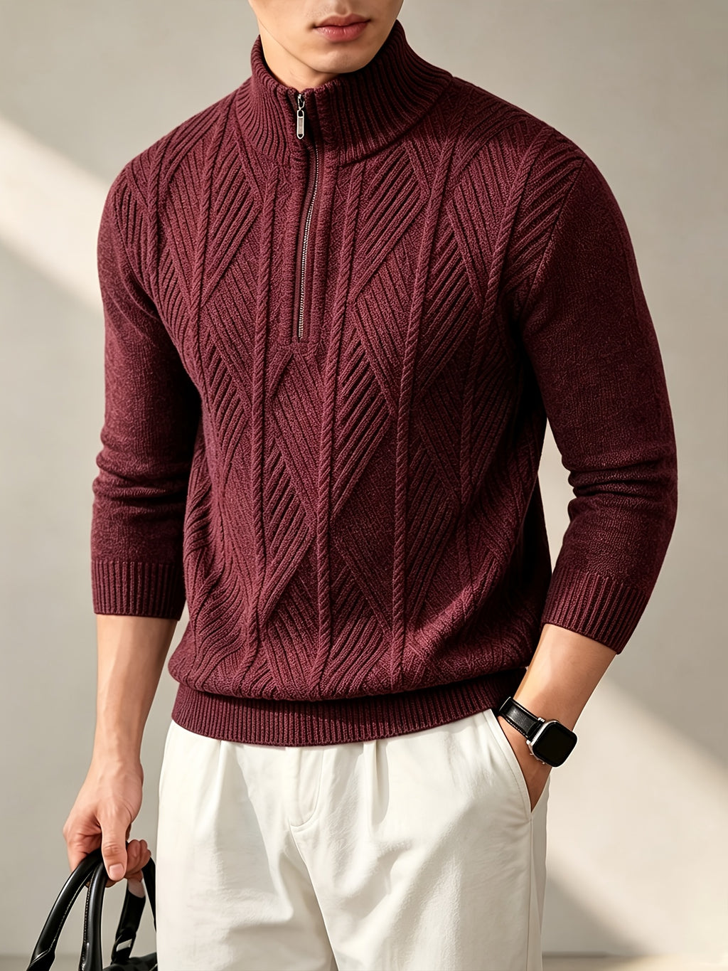 Men's Autumn/Winter Half-Turtleneck Zipper Sweater, Business Casual Pullover Base Layer Top - Burgundy