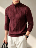 Men's Autumn/Winter Half-Turtleneck Zipper Sweater, Business Casual Pullover Base Layer Top - Burgundy
