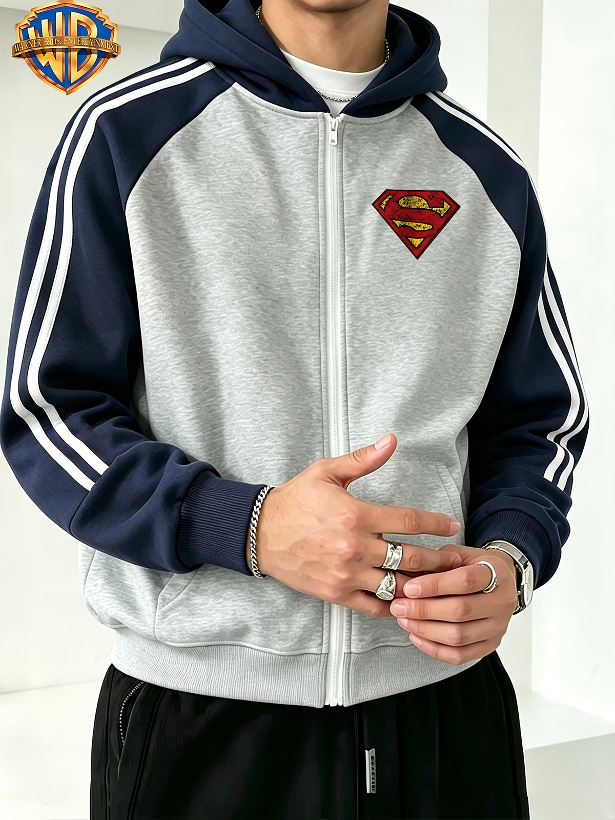 Men'S Drop Shoulder Color-Block Hooded Zipper Cardigan Sweatshirt, DC Retro Cracked Superman Logo Print, Autumn/Winter Loose Contrast Striped Sporty Hoodie, Trendy Fashion Casual All-Match Sporty Zipper Pocket Hooded Men'S Sweatshirt - Navy Blue And Grey