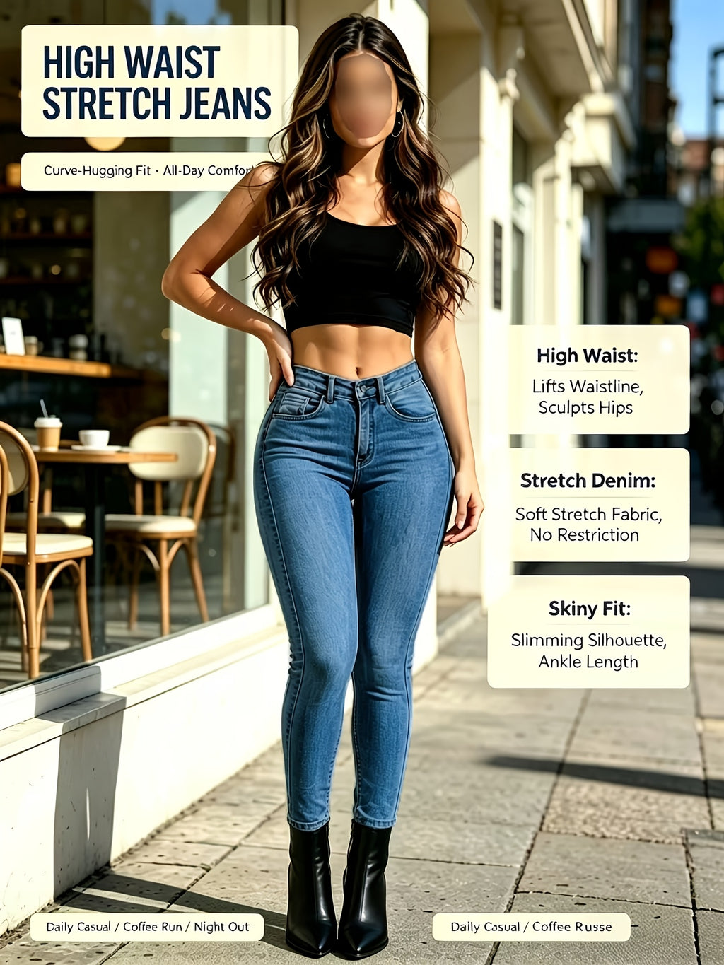 American-style High-Waist Stretchy Skinny Jeans for Women, Light Blue Washed, -Lifting, Slim-Fit, Tapered Legs, Waist-Cinching,, Leg-Lengthening, Hot Style, Versatile, All-Season Long Pants - Medium Blue
