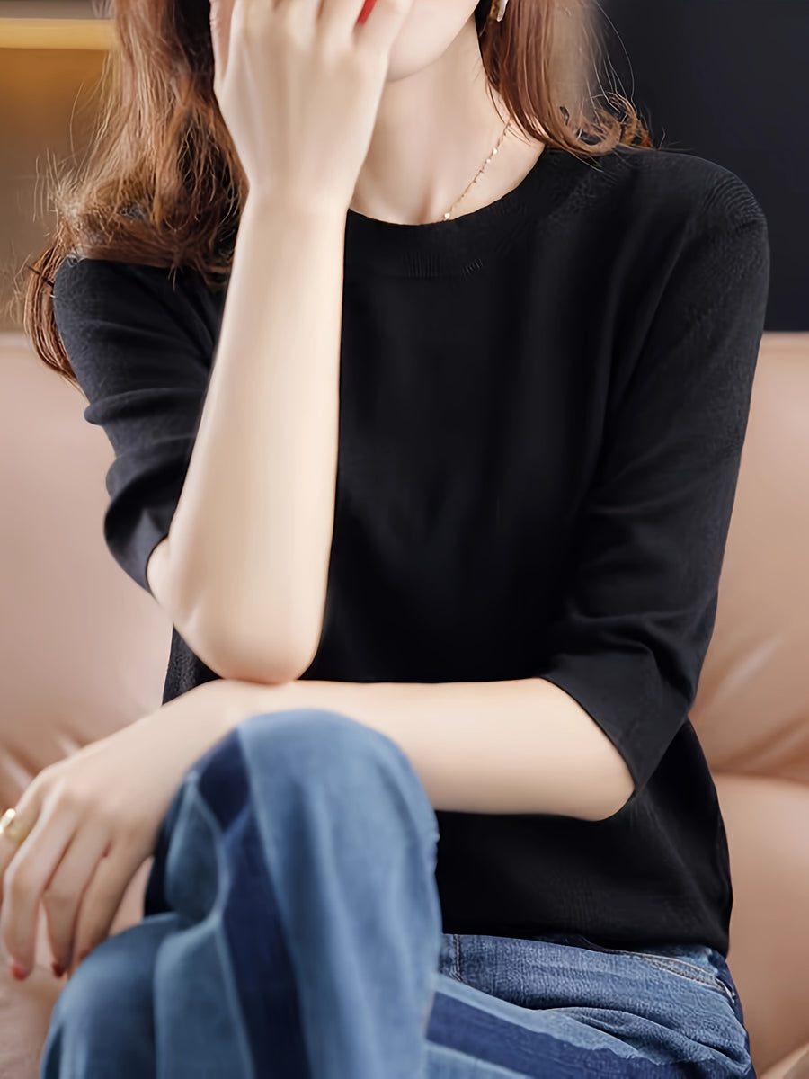 Fine Round Neck Mid-Sleeve Sweater Women'S Spring Autumn New Vintage Elegant Top Short Sleeve Base Layer - Black