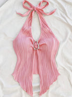 Summer Vacation Vest, Halter Neck Sexy Asymmetrical Hem Vest - pink color