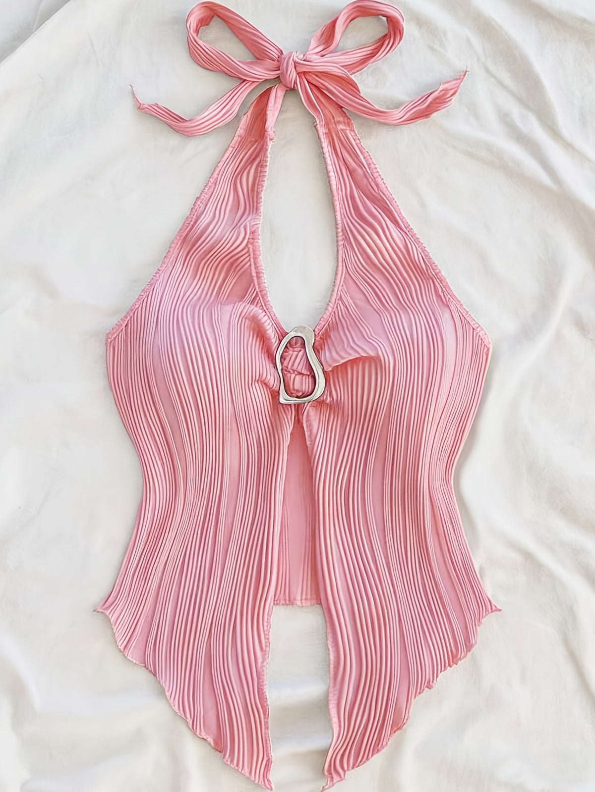 Summer Vacation Vest, Halter Neck Sexy Asymmetrical Hem Vest - pink color