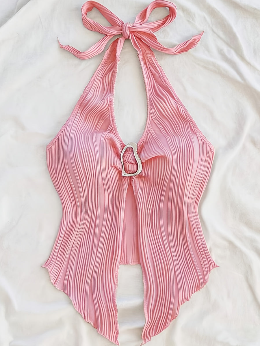Summer Vacation Vest, Halter Neck Sexy Asymmetrical Hem Vest - pink color