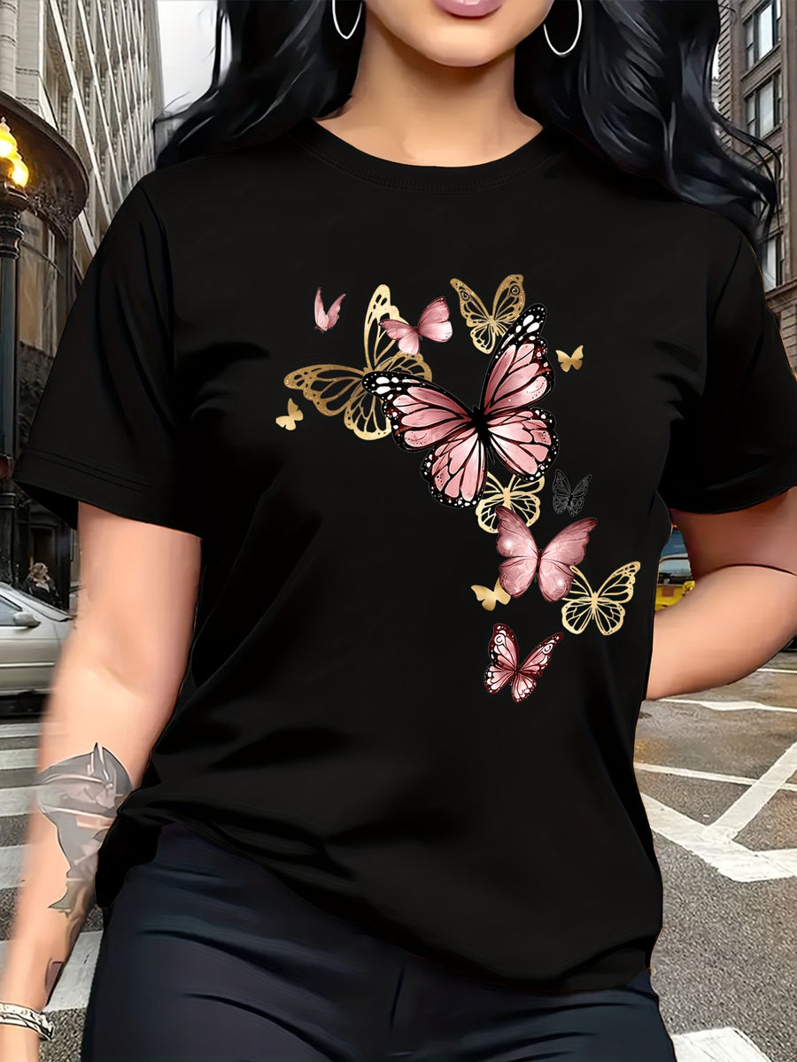 Watercolor Style Butterfly Pattern Print, Fashion Breathable T-Shirt, Family Travel, Campus, Casual, Daily Commute, Sisters' Matching Outfit, Versatile T-Shirt - Black