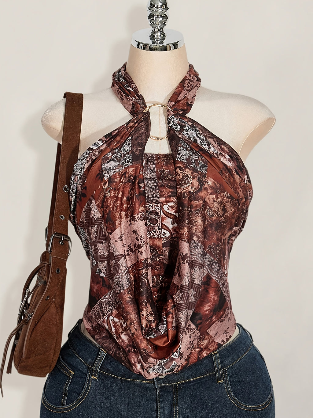 Vintage Printed Halter Crop Top for Women, Metal Ring Cutout Cowl Neck Sleeveless Backless Tank Top - Mixed colors