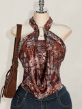 Vintage Printed Halter Crop Top for Women, Metal Ring Cutout Cowl Neck Sleeveless Backless Tank Top - Mixed colors