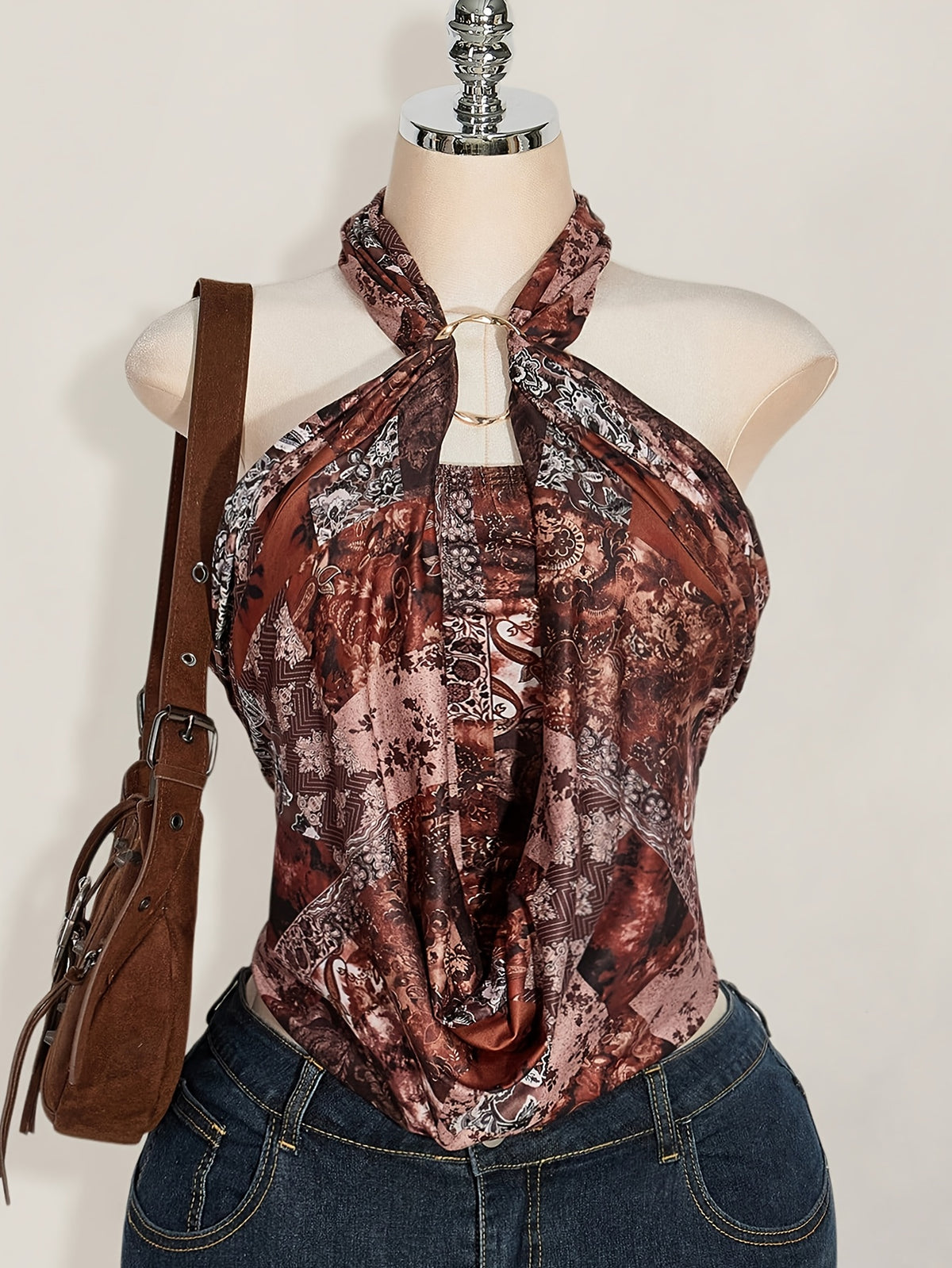 Vintage Printed Halter Crop Top for Women, Metal Ring Cutout Cowl Neck Sleeveless Backless Tank Top - Mixed colors