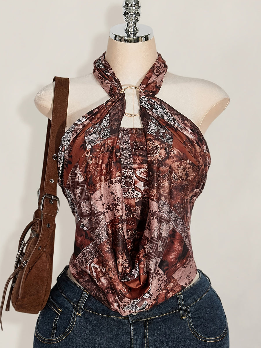 Vintage Printed Halter Crop Top for Women, Metal Ring Cutout Cowl Neck Sleeveless Backless Tank Top - Mixed colors