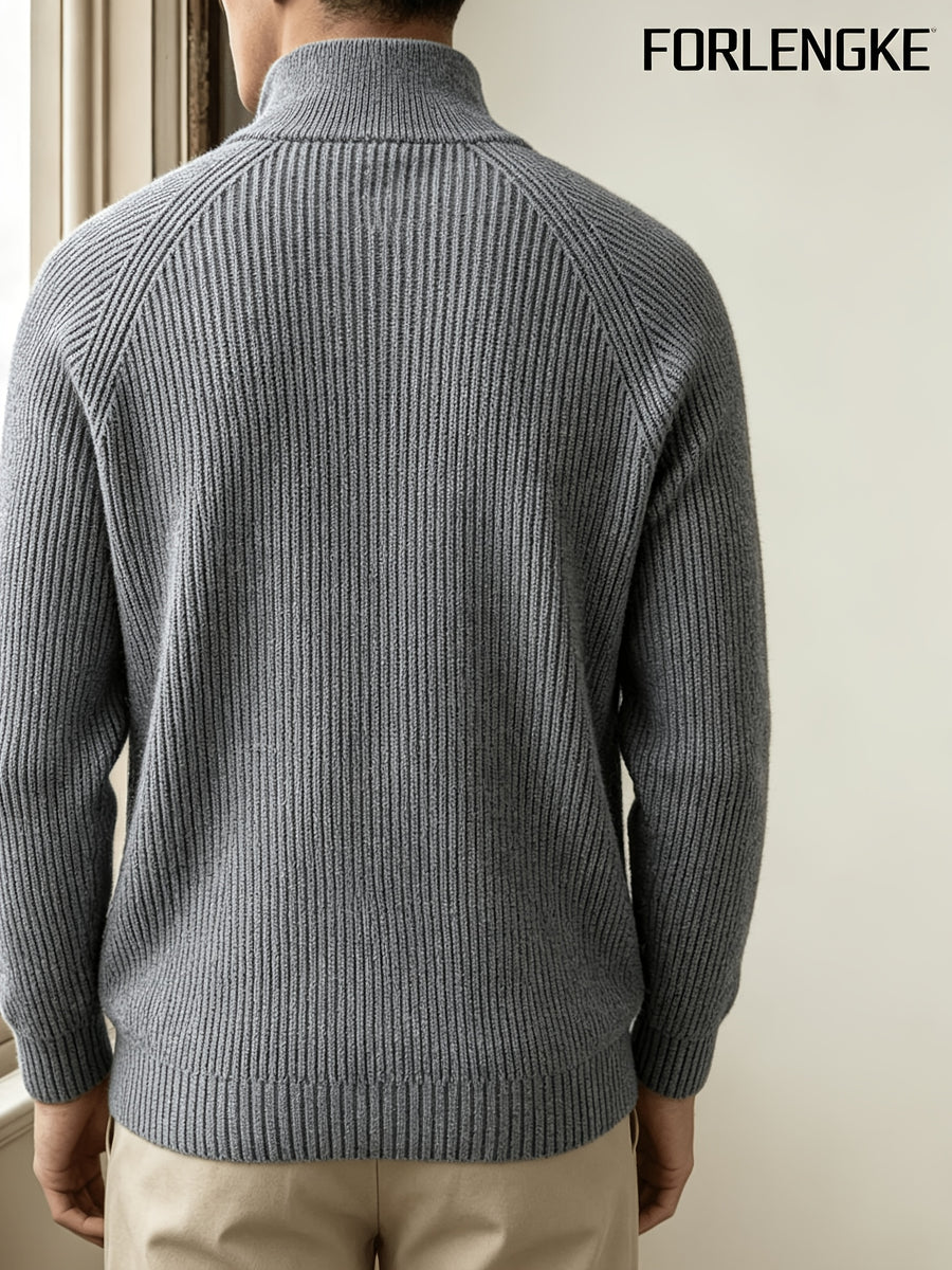 FORLENGKE Stylish Elegant Men'S Business Casual Quarter Zip Ribbed Knit Sweater, Soft Warm Long Sleeve Pullover for Fall Winter Office Daily Wear - Grey