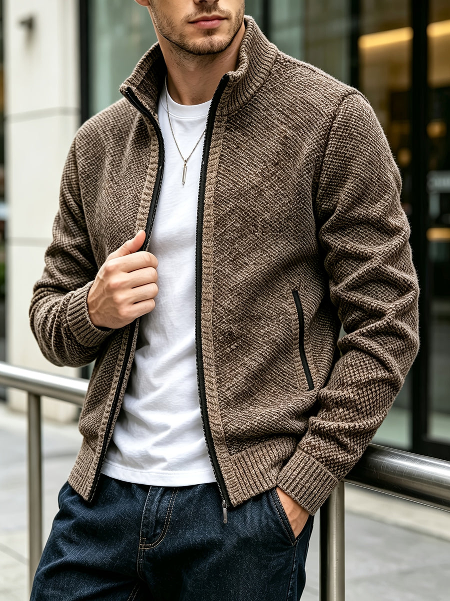 Men's Autumn and Winter Mixed Color Knitted Sweater, Comfortable and Warm, Very Durable Knitted Texture Sweater Jacket, Casual Style, Versatile for Daily Commuting Winter Clothes for Men - Khaki