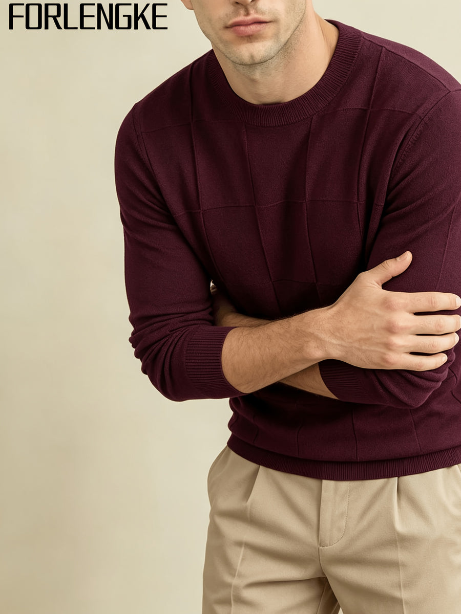 FORLENGKE Men's Business Casual Grid Textured Sweater - Soft Warm Stretch Knit Crew Neck Pullover, Suitable for Fall Winter Office Wear, Long Sleeve Blazer or Sweater Vest Compatible for Daily Professional Attire - Burgundy
