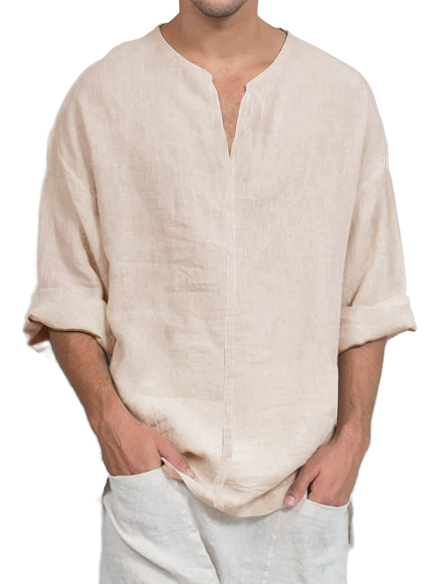 Spring New Men'S Long Sleeve Shirt Solid Color Loose Casual Soft Shirt Basic Daily Fashion V-Neck Men'S Top - Khaki