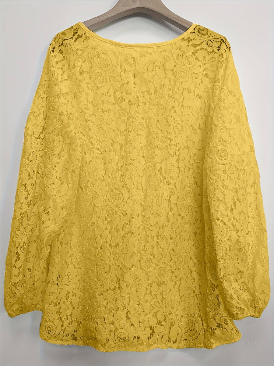 Ladies' clothing, casual fashion, elegant, transparent, solid color long sleeved, lace, solid color shirt - Yellow