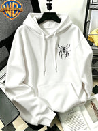 [Warner Bros. Official] Autumn/Winter Streetwear Fashion Men's Drawstring Pocket Hooded Sweatshirt, Dark Gothic Thorn & Cobweb Street Style Cool Print Design, Sporty Loose Fit Hoodie, for Daily Casual Wear, Men's Trendy Fashion, Suitable for Home - White