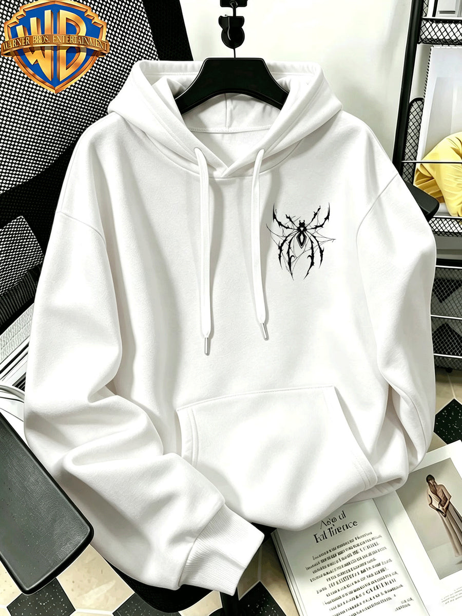 [Warner Bros. Official] Autumn/Winter Streetwear Fashion Men's Drawstring Pocket Hooded Sweatshirt, Dark Gothic Thorn & Cobweb Street Style Cool Print Design, Sporty Loose Fit Hoodie, for Daily Casual Wear, Men's Trendy Fashion, Suitable for Home - White