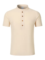 New Men's Cotton-Cotton And Linen Blend Blend Stand Collar Henley Short Sleeve T-Shirt, Half-Open Placket Button Casual Breathable Lightweight Summer Beach Top - Khaki