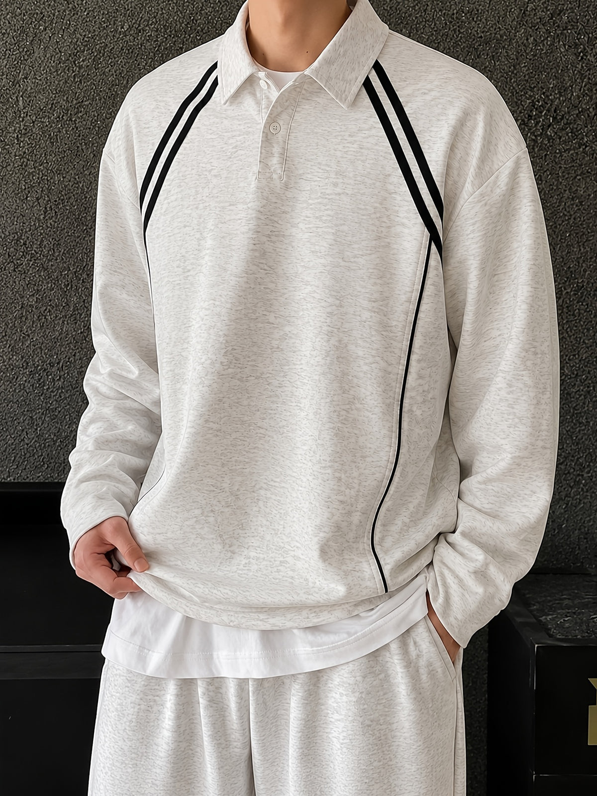 American Retro Sport Style Lapel Sweatshirt, Striped Color-Block Design Men'S Casual Loose Long Sleeve T-Shirt Pullover - Light Grey