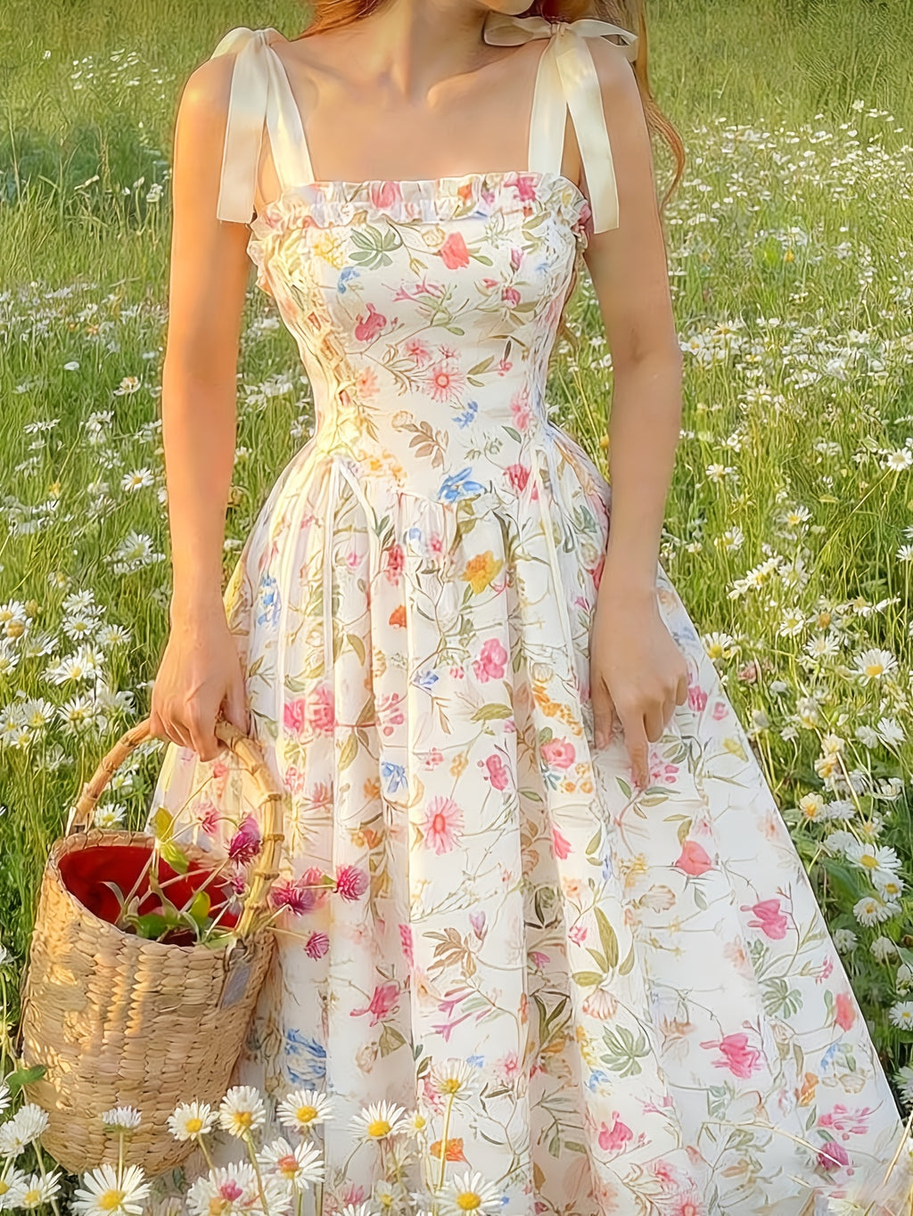 Sweet Floral Print Spaghetti Strap Tie-Up Dress, Waist-Cinching Flared Maxi Dress, Bow Strap Princess Dress, Elegant Vintage Pastoral Style - Multicolor