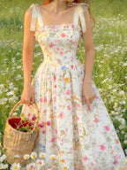 Sweet Floral Print Spaghetti Strap Tie-Up Dress, Waist-Cinching Flared Maxi Dress, Bow Strap Princess Dress, Elegant Vintage Pastoral Style - Multicolor