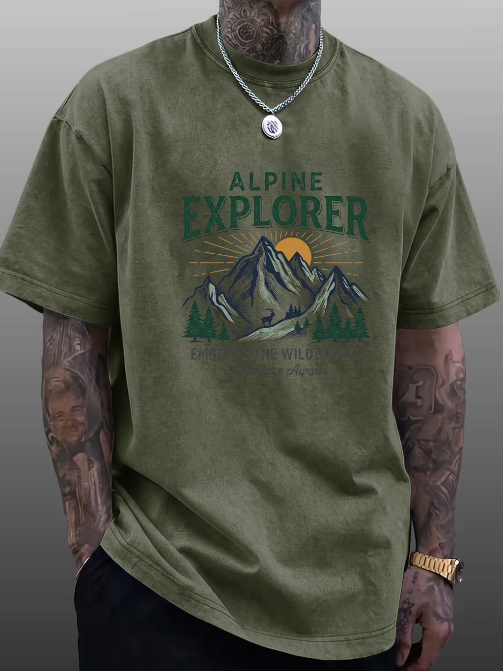 Short Sleeve T-Shirt Men'S Pure Loose Washed Distressed Top Mountain Adventure Forest Sunset Pattern Trendy Reversible Double-Sided Print Multicolor Casual American Street High Street Hip-Hop Style Daily Outing Commute Fitness Couple Style Y2K Natio - Military Green