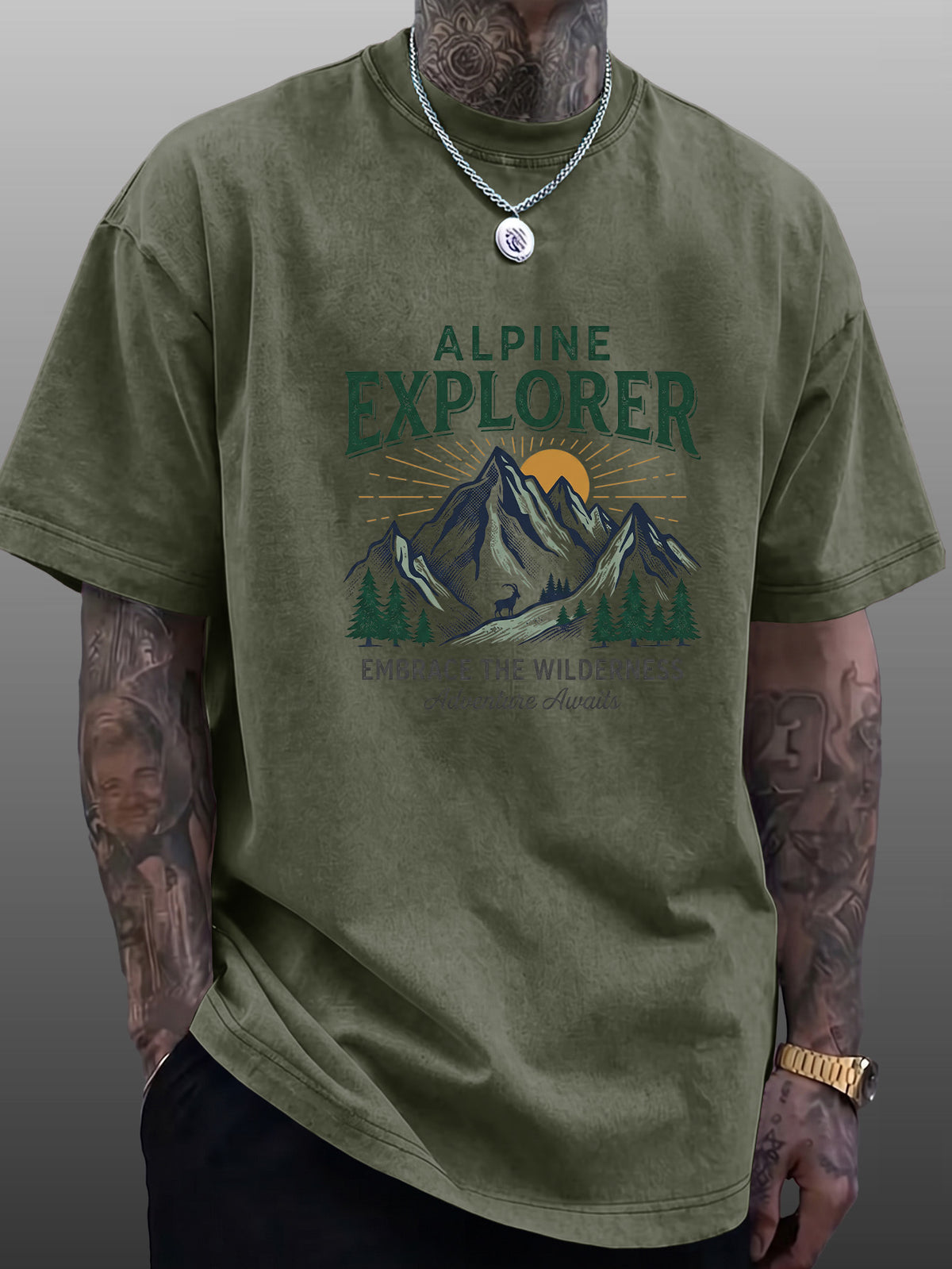 Short Sleeve T-Shirt Men'S Pure Loose Washed Distressed Top Mountain Adventure Forest Sunset Pattern Trendy Reversible Double-Sided Print Multicolor Casual American Street High Street Hip-Hop Style Daily Outing Commute Fitness Couple Style Y2K Natio - Military Green