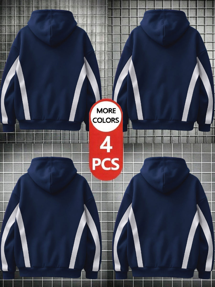 4pcs 2026 Autumn/Winter Men's Streetwear Casual Pullover Hoodie with Contrast Color Lines, Diagonal Cut, Long Sleeves, Skin-Friendly, Warm, Drawstring, Large Pocket Sweatshirt - Navy Blue+Navy Blue+Navy Blue+Navy Blue