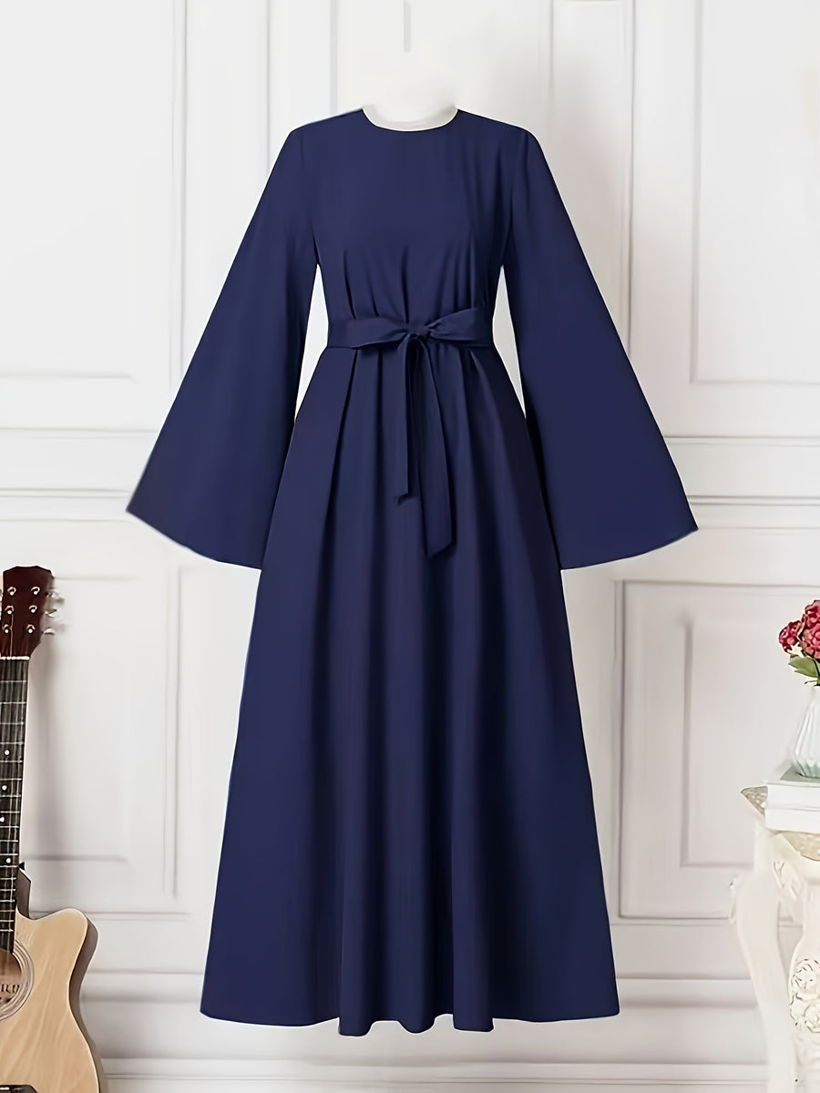 Muslim Elegant Temperament Solid Color Wide Cuff Tie-Up Long Dress - Blue