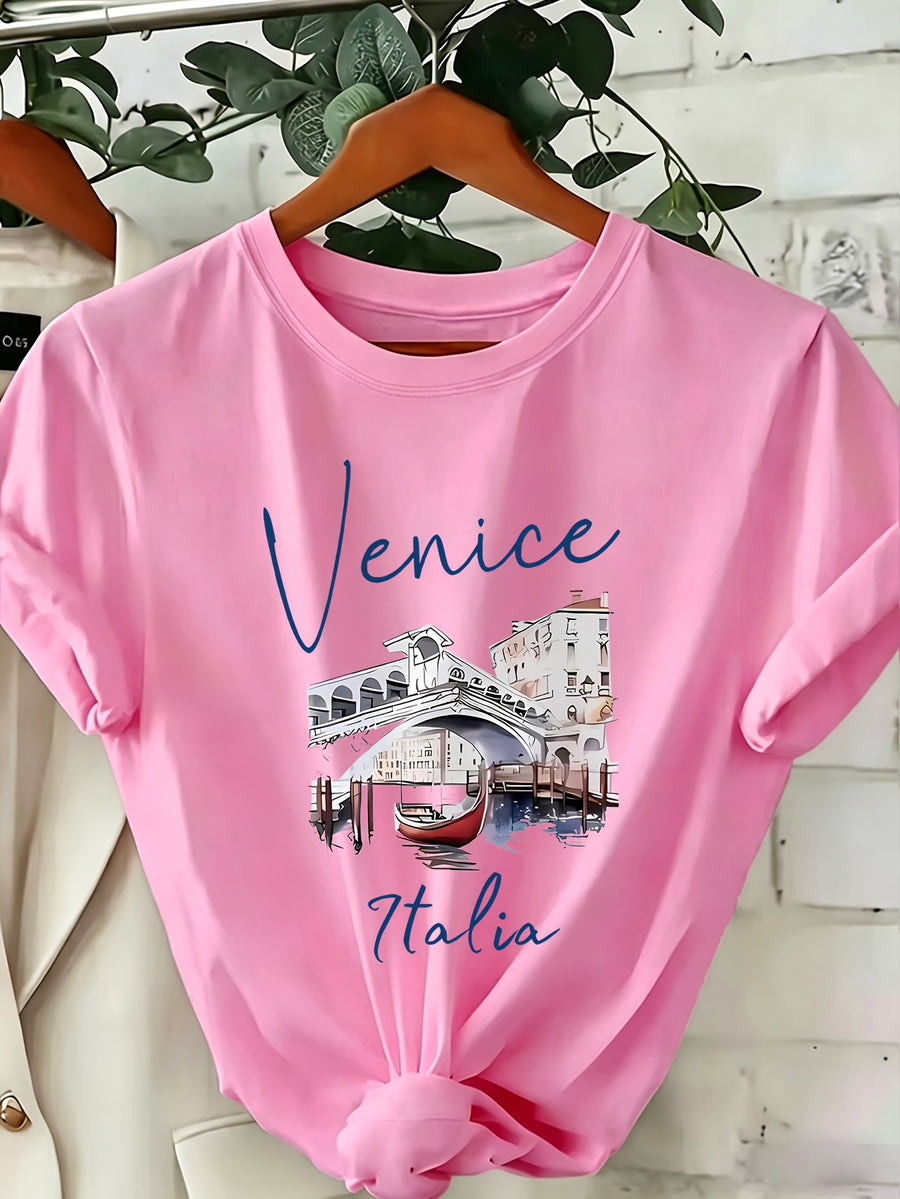 Summer Western Architectural Print Round Neck Regular T-Shirt, Casual Regular Printed Top - Pink