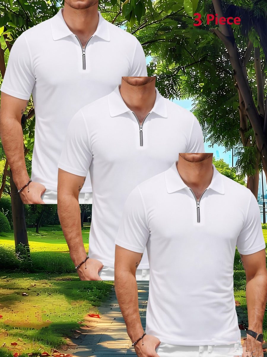 Three-pc Men's Sporty Outdoor Casual Lapel Solid Color Breathable Polo Shirts for High-End Occasions - White Three Pieces
