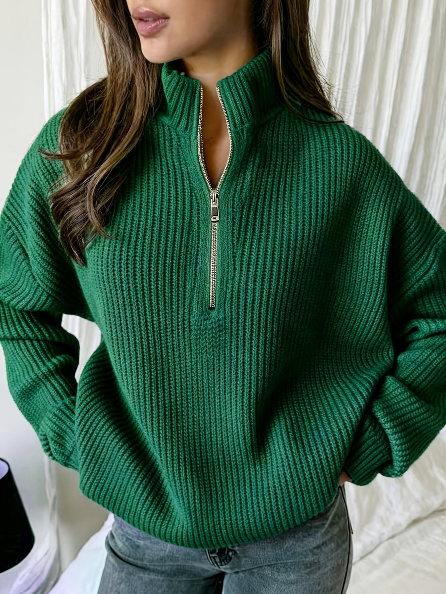 Women's Half-Zip Stand Collar Sweater, Loose Fit Ribbed Cable Relaxed Top, Gavin - Dark Green