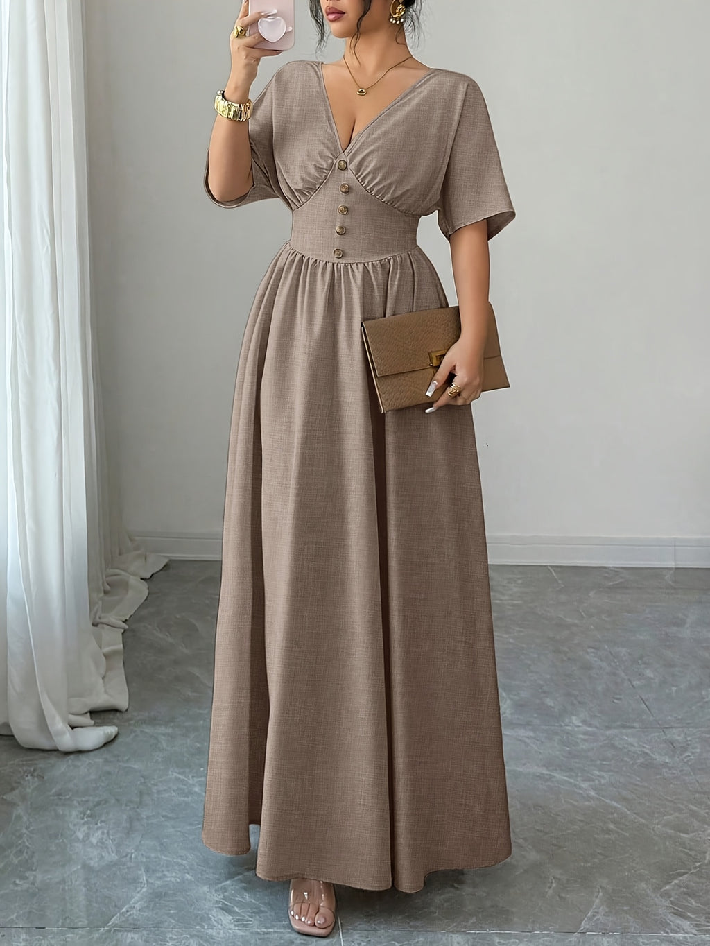 Elegant Women's Long Summer Dress - Khaki