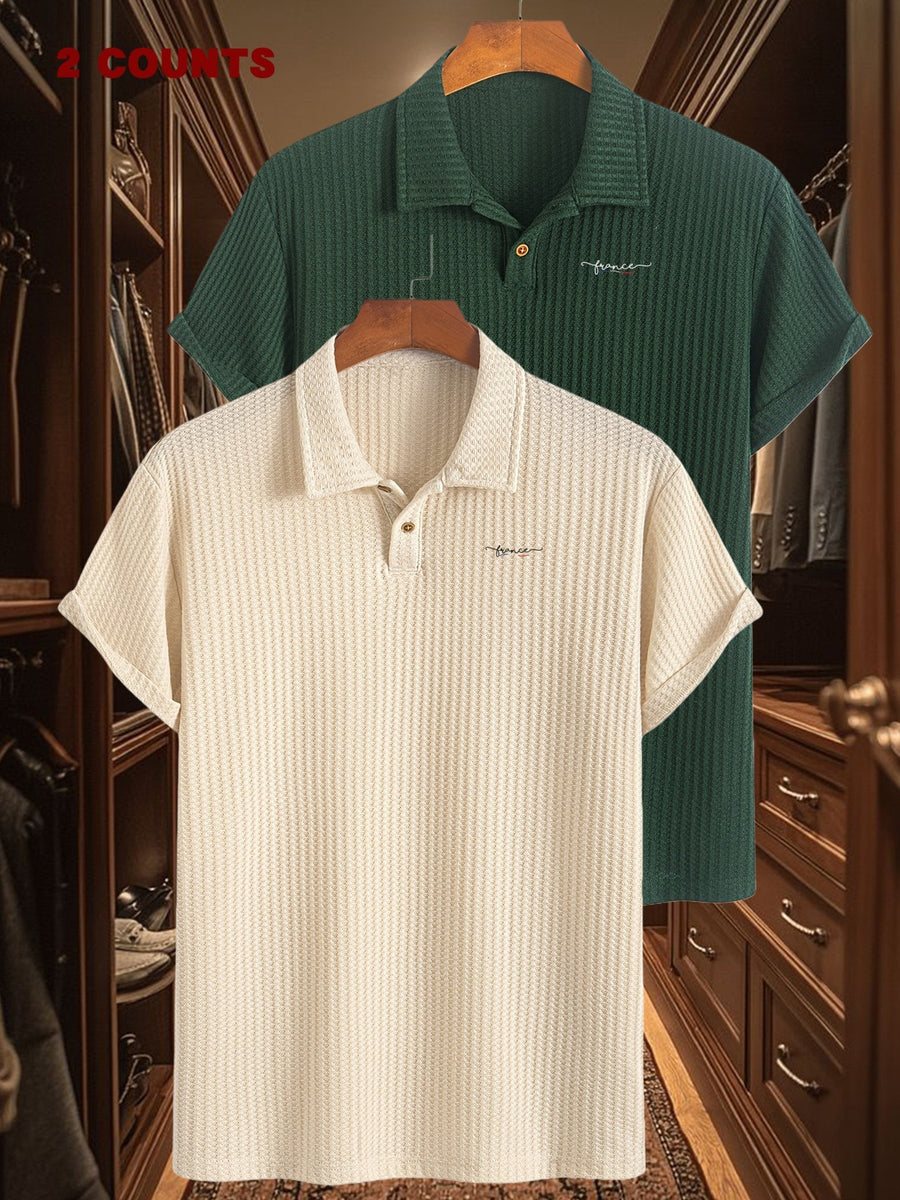 2pcs Set Summer Men'S Textured Jacquard Short Sleeve POLO Shirts | Casual Comfortable Soft Knit Lapel Collar, Geometric Pattern, Button Details - Khaki + dark green