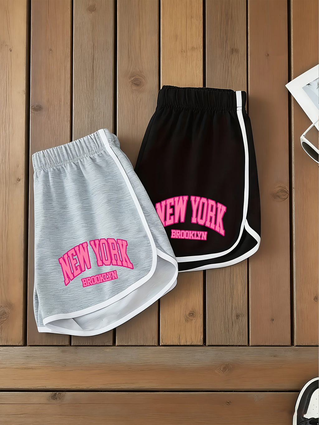 Two-Pack American Vintage NEW YORK Print Women's S Shorts, Summer Lightweight Versatile Hot Shorts, Hot Style Contrast Trim Letter Casual Shorts, Trendy Brand Y Running Pants, Sweet & Cool Style BROOKLYN Print S Shorts, Leg-Length Enhancing Versatile - Mixed colors